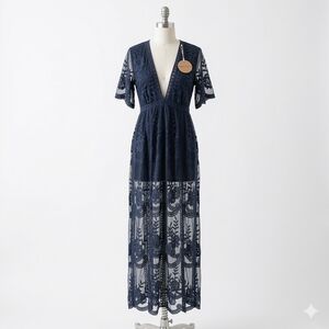 NWT Honey Punch Navy Blue Lace Maxi Romper Dress Size M